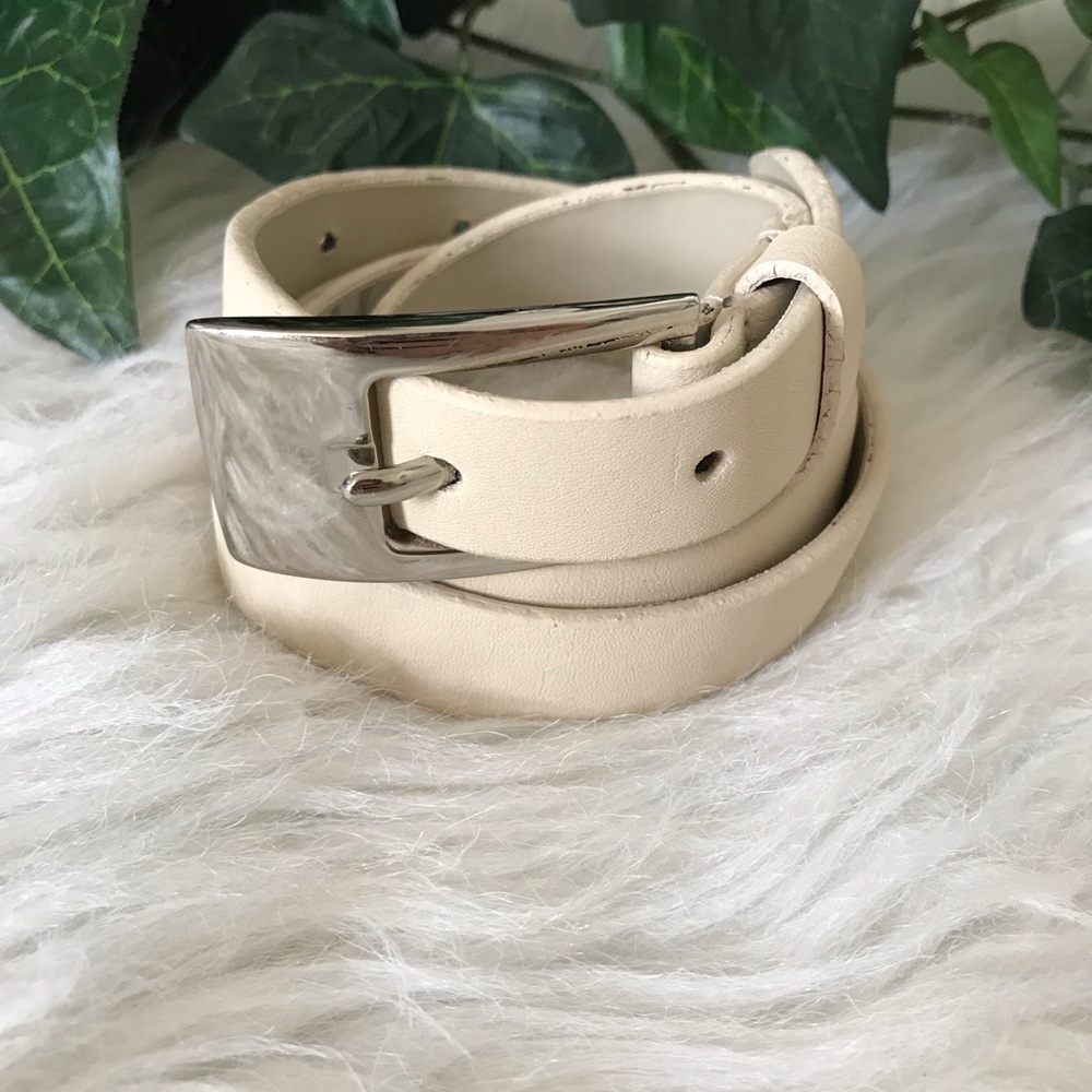 Ivory Cream Leather Narrow Skinny Belt Silver